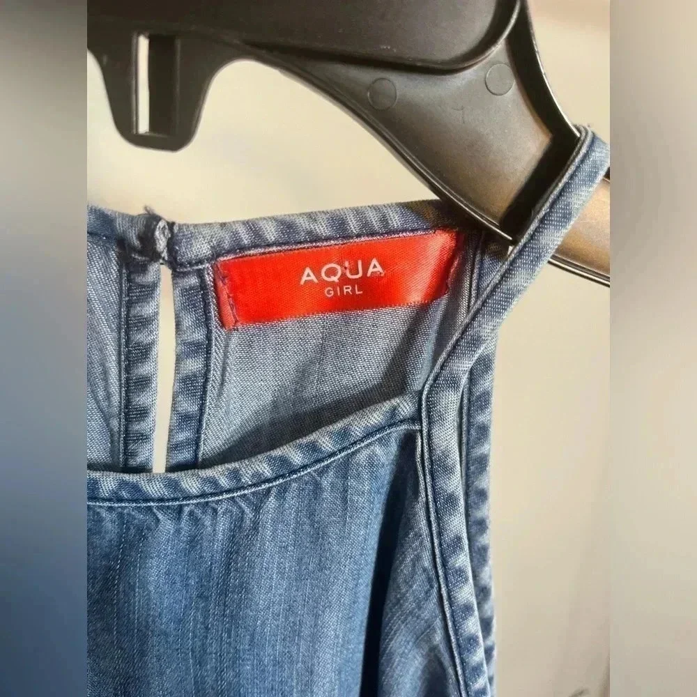 Aqua Girl Kids Chambray Halter Dress Blue Ruffle High‎ Low KD1436 Size S NWT